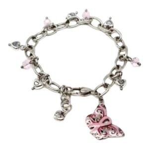Brighton Butterfly Charm Bracelet Silver Pink Ribbon Heart Beads Elegant Jewelry